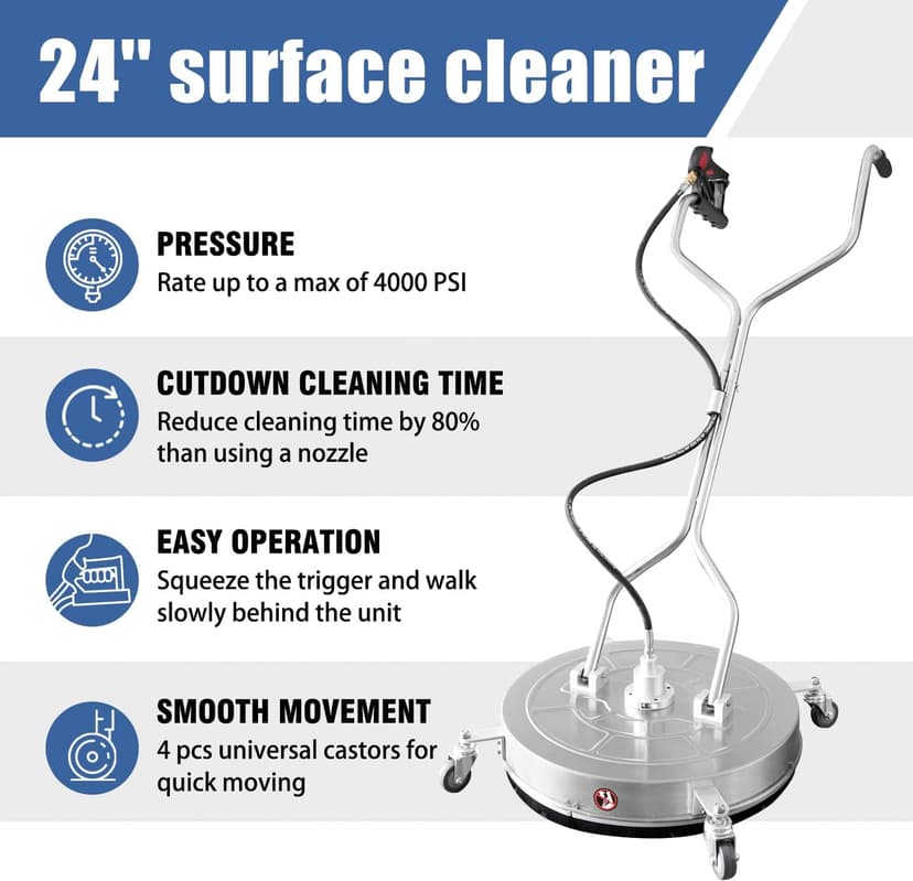 janz 24'' Pressure Washer Surface Cleaner with 4 Wheels,Dual Handle,Stainless Steel Housing, 4 Replacement Nozzle Cores and 2 Hose Adapters,Ideal for Driveways, Sidewalks,Patios,Decks Cleaning
