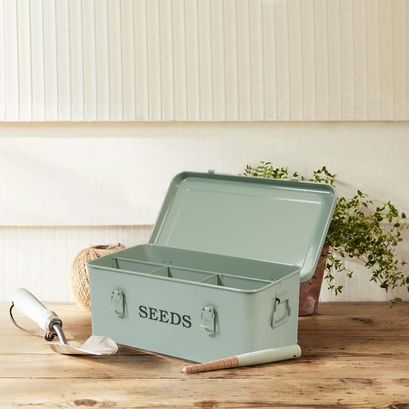 Seed Saving Box, Metal Seed Bin, Seed Storage Organizer Box, Seed Packet Container with Lid, Seed Envelope Storage Box, 4 Compartments Garden Seed Bin with Safety Locks-Green