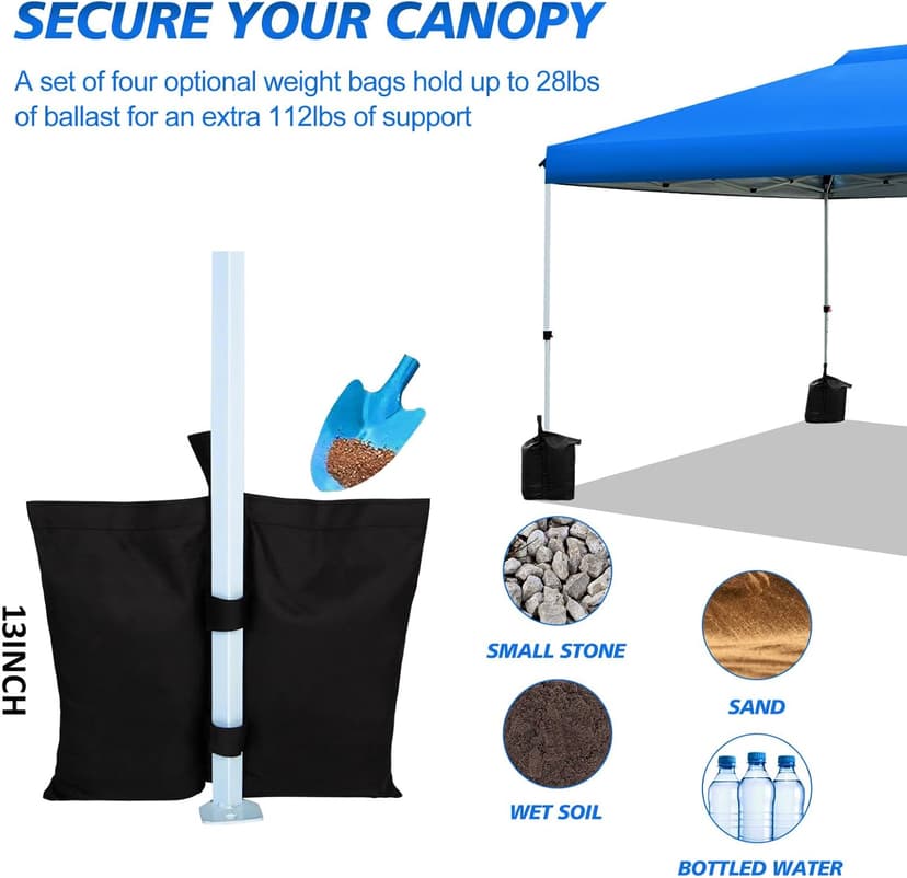 WEIZE Pop up Canopy Tent 10x10ft, 1-Button Push Setup, Instant Portable Shelter, Adjustable Height, Portable Roller Bag, 4 Weight Bags, Guy Ropes & Stakes Included Blue