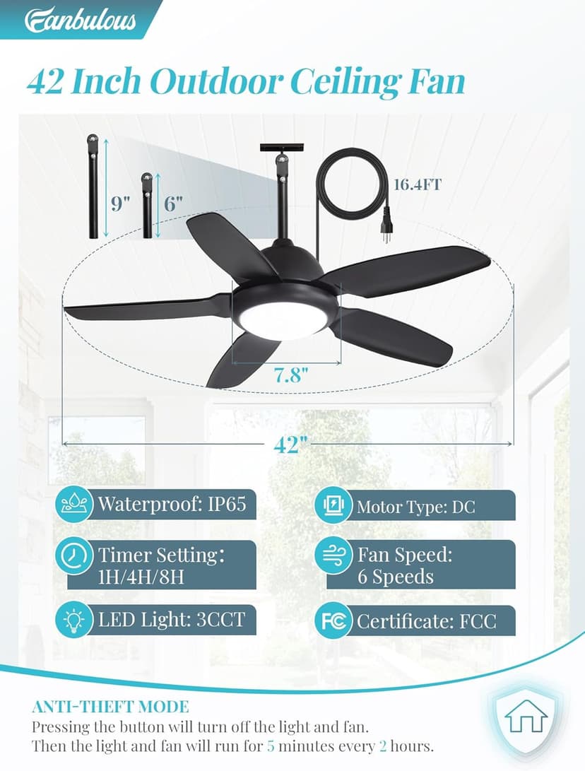 42 Inch Waterproof Outdoor Ceiling Fan with Lights and Remote,IP65 Hanging Gazebo Fan with 3CCT 6-Speed DC Motor,Black Wet Rated Plug in Ceiling Fan with Cord for Patios Porch Pergola