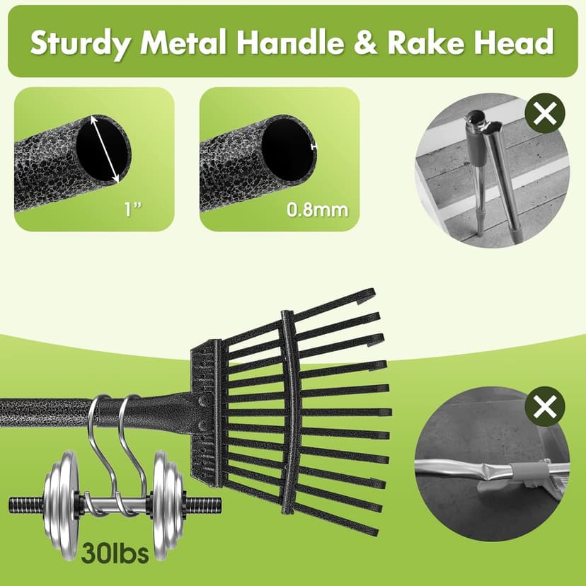 Garden Rake for Leaves Sturdy Metal Small Yard Leaf Rakes for Lawns 60” Length 8.5 Inch Width 11 Tines for Women Men Kids Lightweight with Non-Slip Comfortable Smooth Long Handle