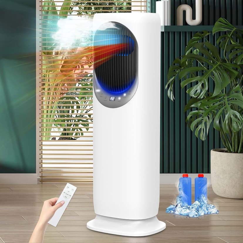 4 IN1 Evaporative Air Cooler, Swamp Cooler with 4L Water Tank, Tower Fan with Humidification, Fan and Heater Combo, 120°Oscillating, Remote, 12H Timer, 2 Ice Packs (Panel-Crescent)