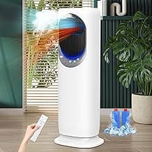 4 IN1 Evaporative Air Cooler, Swamp Cooler with 4L Water Tank, Tower Fan with Humidification, Fan and Heater Combo, 120°Oscillating, Remote, 12H Timer, 2 Ice Packs (Panel-Crescent)