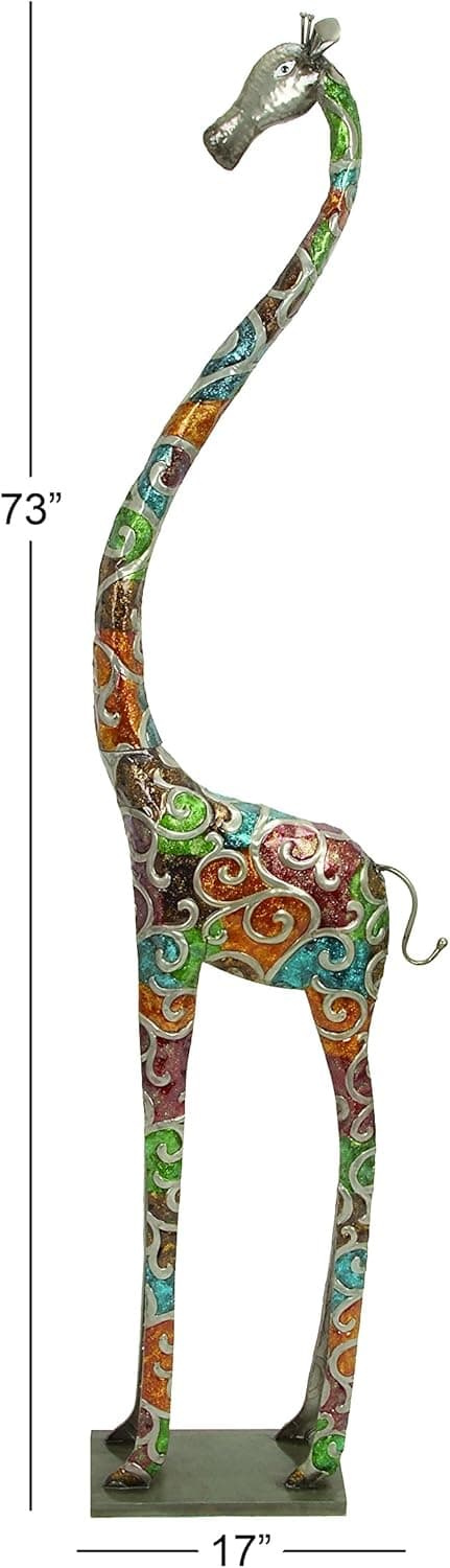 Deco 79 Metal Giraffe Decorative Sculpture Indoor Outdoor Tall Home Decor Statue with Detailed Embossed Scrollwork, Accent Figurine 17" x 7" x 73", Multi Colored