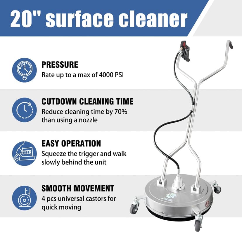 janz 20" Pressure Washer Surface Cleaner with 4 Wheels,Dual Handle,Stainless Steel Housing, 4 Replacement Nozzles and 2 Hose Adapters,Ideal for Driveways, Sidewalks,Patios,Decks Cleaning