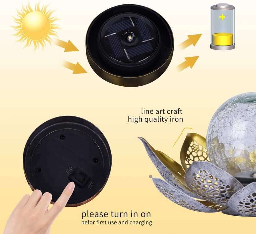 DUSVALLY Lotus Solar Globe LED Light Garden Decoration, Outdoor IP65-Waterproof Crack Glass Hollow Out Retro Silver Metal Light for Patio & Lawn & Pathway Landscape, 12" * 6"