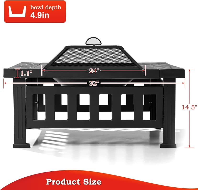 SINGLYFIRE 32 Inch Fire Pit Table for Outside Square Metal Firepit Outdoor Wood Burning Large Steel Bonfire Pit for Patio Backyard Garden with Waterproof Cover,Spark Screen,Log Grate,Poker