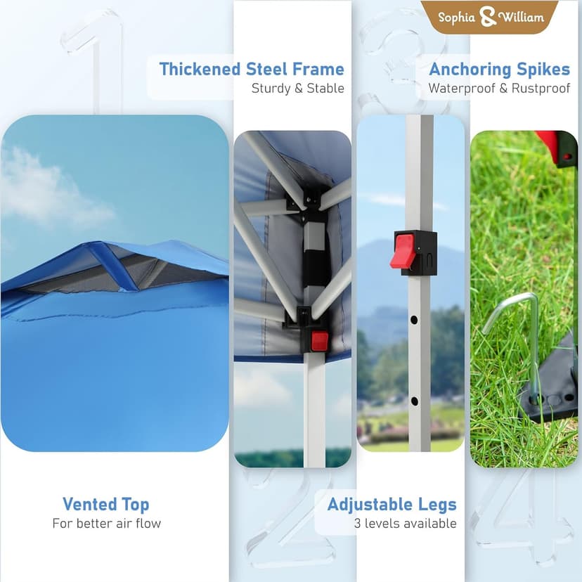 Canopy Tent Pop Up 10x10 ft, Outdoor Patio Portable Commercial Canopies Shelter Heavy Duty Straight Legs with Roller Bag, 8 Stakes, 4 Guy Ropes, UPF50+, Blue, Sophia & William