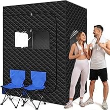 2 Person Sauna for Home, 1 or 2 Person Portable Steam Sauna with 2 1000W Sauna Steamers, 2 Floding Chairs, 9 Levels Adjustable, 99 Minutes Timer, Steamer Included (Black)