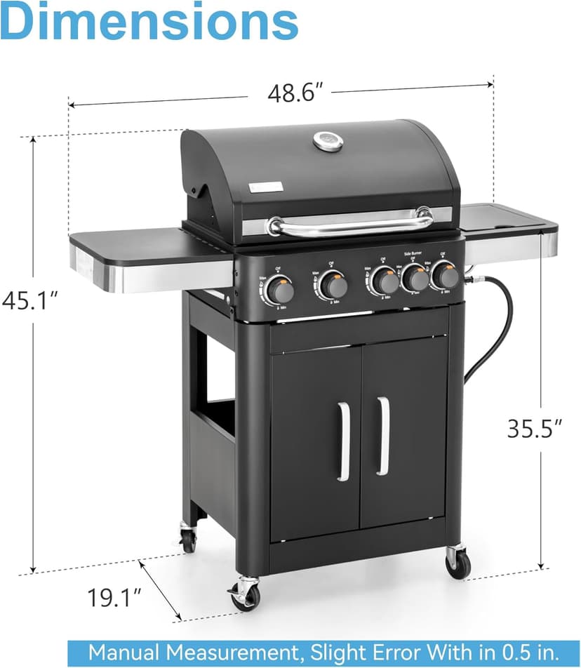 2 in 1 Propane Gas BBQ Grill with Side Burner & Porcelain-Enameled Cast Iron Grate, 4-Burner Flat Top Grill, 46,700 BTU Outdoor Barbecue Propane Griddle Grill Combo for Camping, Patio, Backyard