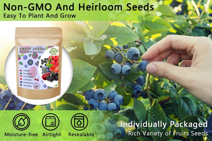 Mix Fruit Seeds 1100+ Berry Seeds for Planting Strawberry Raspberry Mulberry Blueberry Elderberry Cherry - 6 Varieties Individually Packaged Non-GMO for Home Garden