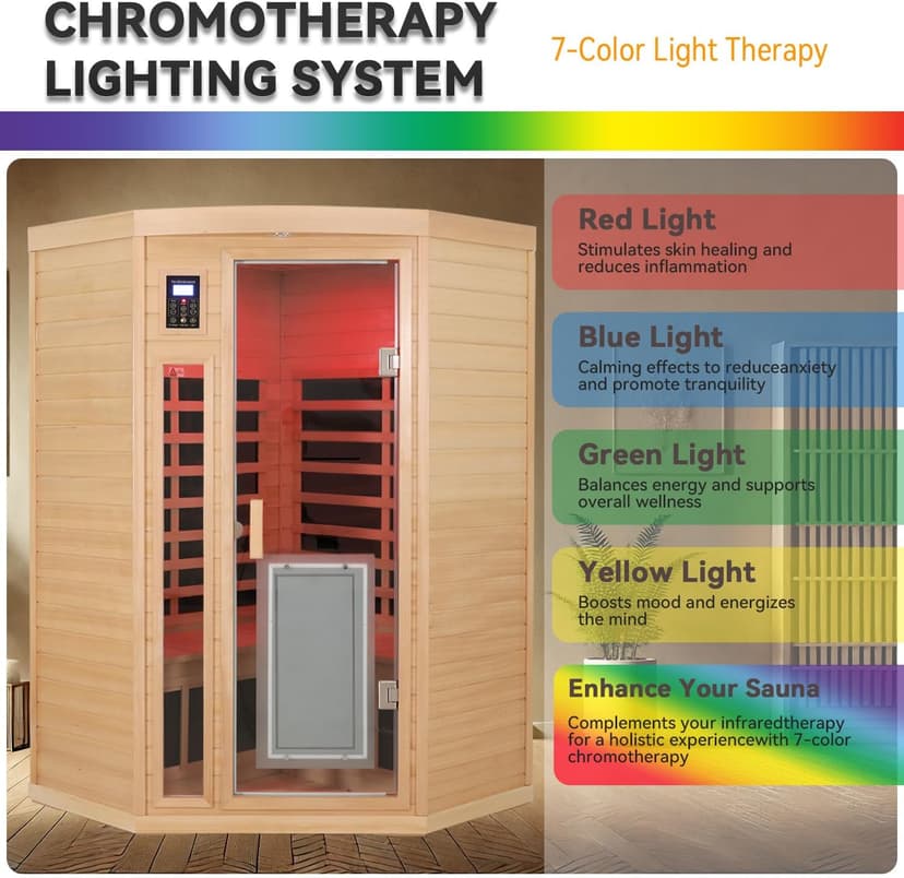 2-3 Person Corner Sauna, Infrared Saunas for Home, Chromotherapy, Canadian Hemlock Sauna, Indoor Sauna with Red Light Therapy