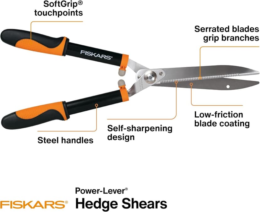 Fiskars 23-Inch Power-Lever Hedge Shears, Self-Sharpening Precision-Ground Steel Blades, For Trimming/Shaping Hedges and Shrubs in Your Garden, Lawn and Yard Tools, Black/Orange