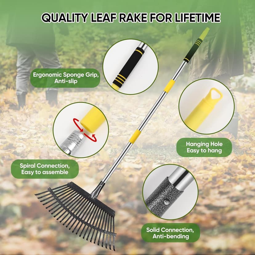 Rake Heavy Duty 6FT Long Garden Rake , 18.5 Inch Wide, 25 Metal Tines, Adjustable Stainless Steel Handle, Leaf Rakes for Leaves, Yards, Grass, Garbage, Weeds, Debris (Yellow)