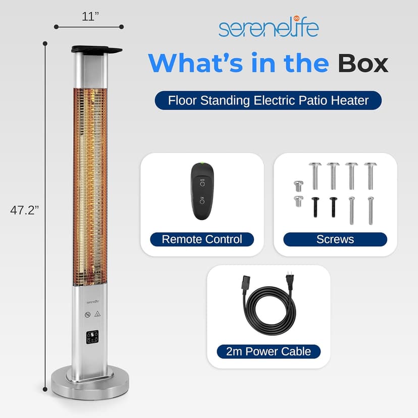 SereneLife Infrared Patio Heater, 1500W Electric Heater with Remote, Quiet Operation, IP65 Approved, Three Heat Levels, Indoor/Outdoor for Patio, Restaurant, Backyard, Garage, Decks