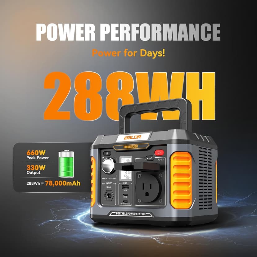 BALDR Portable Power Station, Solar Generator with 120V Pure Sine Wave AC Outlet, Backup Lithium Battery Power Supply, 330W | 288Wh, For CPAP Camping Travel Hunting Outdoors Emergency Blackout