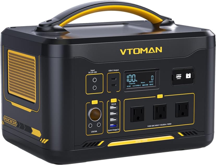 VTOMAN Jump 1500X Portable Power Station 1500W (3000W Peak), 828Wh LiFePO4 (LFP) Battery Powered Generator with Expandable Capacity, 3x Pure Sine Wave 1500W AC Outlets, 2xPD 100W, 3x Regulated 12V DC