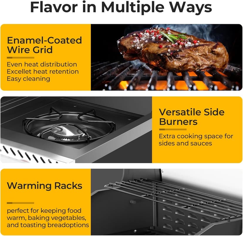 R.W.FLAME 3 Burners Propane Gas Grill with Side Burner, 34000 BTU BBQ Grills for Outdoor Cooking, Enamel-coated Wire Grate, Removable Grease Tray, Barbecue Grill for Camping, Backyard, Patio, Deck