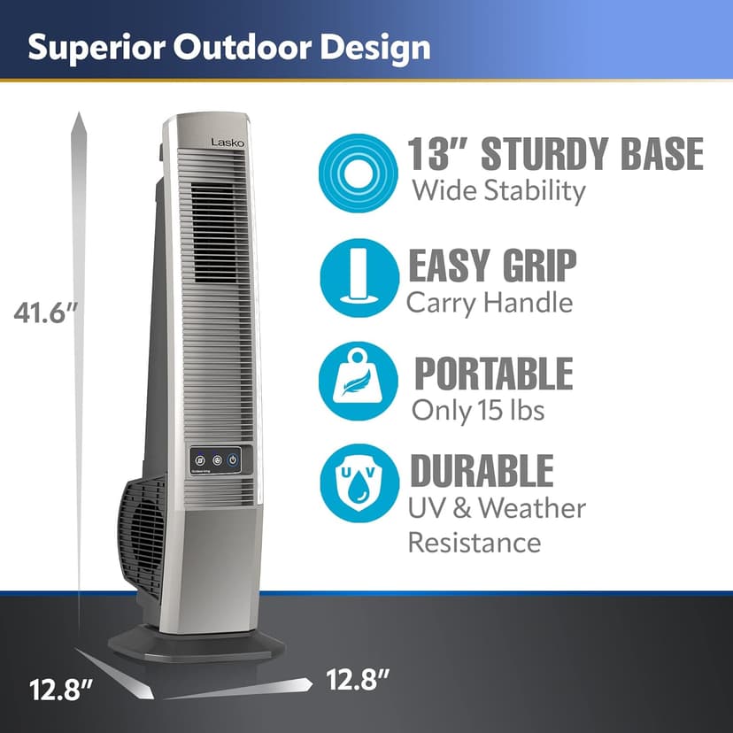 Lasko Outdoor Living Oscillating Tower Fan, for Decks, Patios and Porches, 10 Foot Power Cord, 4 Refreshing Speeds, 42", Grey, YF202