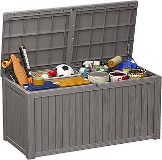 EAST OAK Outdoor Storage Box, 180 Gallon Deck Box, Large Resin Storage Bin for Patio Cushions, Gardening Tools, Lockable, Waterproof and UV Resistant, Grey