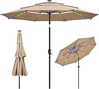 Yaheetech 10ft 3-Tier Solar Patio Umbrella, Outdoor Market Umbrella w/ 24 LED Lights, 8 Sturdy Ribs, Tilt Adjustment, Easy Crank for Garden, Deck, Tan