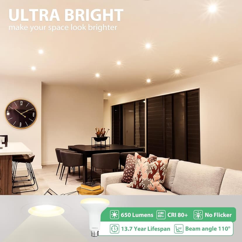 12 Pack BR30 LED Recessed Light Bulb, Dimmable Indoor Flood Light Bulbs CRI80 7W Equivalent 65W 2700K Soft White 650 Lumens, 15000 Lifetime Hours E26 Base LED Can Light Bulb, Flicker-Free