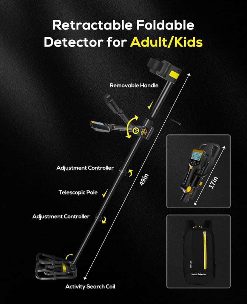 Metal Detector for Adults Waterproof - 2000mAh Chargeable Professional Cordless Gold Detector with LCD Display, Retractable Foldable Higher Accuracy Metal Detector with 10" IP68 Coil - OKESAM