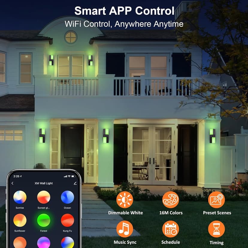 XMCOSY+ Outdoor Wall Lights, 1400LM Smart RGBCW Porch Lights Outdoor Exterior House LED Wall Lighting, WiFi APP Control, Compatible with Alexa, Adjustable Dual-Head IP65 Waterproof Wall Sconces (2PK)