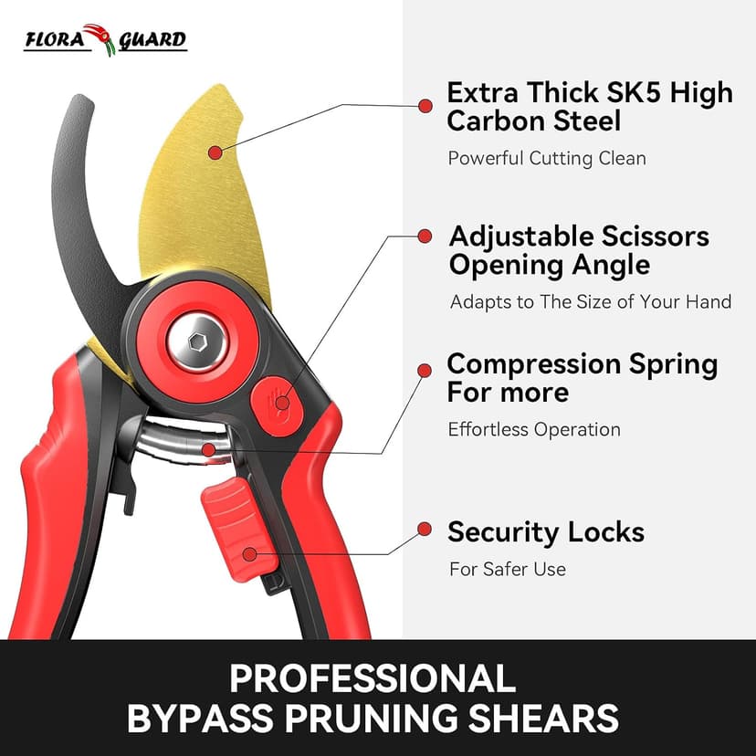 FLORA GUARD Bypass Pruning Shears, Garden Shears Heavy Duty Tree Trimmers & Garden Clippers with Ergonomic Handle, Ideal Hand Pruners for Gardening, Shrubs & Branch Cutting.（HC177）