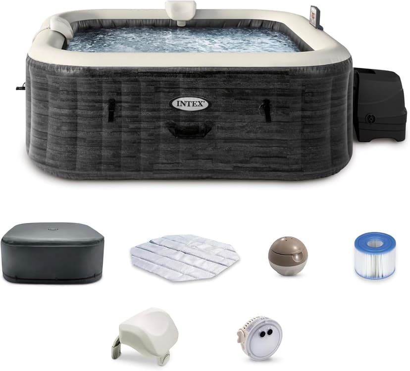 INTEX 28451EP PureSpa Greystone Deluxe Spa Set: Includes Energy Efficient Spa Cover and Wireless Control Panel – Spa Control App – Built-in FastFill Inflation System – 6 Person Capacity – 77" x 28"