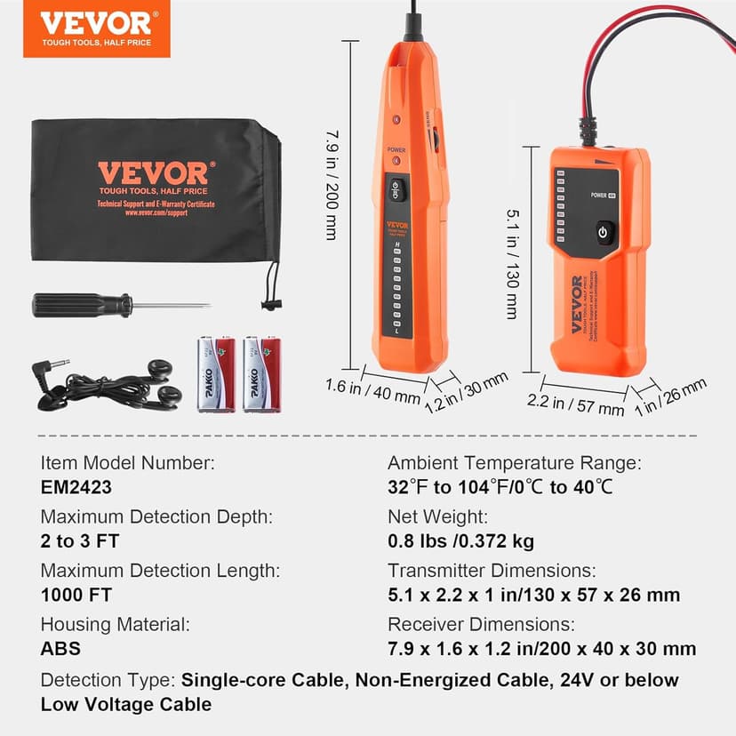 VEVOR Underground Cable Locator, 3 FT Max. Detection Depth, Wire Tracer Break Detector Finder with Earphone, 1000 FT Max.Detection Length Cable Tester for Pet Fence Buried Sprinkler Valve Irrigation