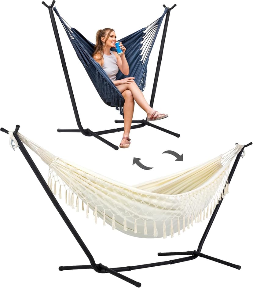 SUNCREAT 2-in-1 Convertible Portable Double Hammock with Stand Included, Outdoor Hammock and Stand, Patent Pending, Natural Tassel
