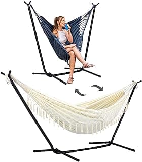 SUNCREAT 2-in-1 Convertible Portable Double Hammock with Stand Included, Outdoor Hammock and Stand, Patent Pending, Natural Tassel