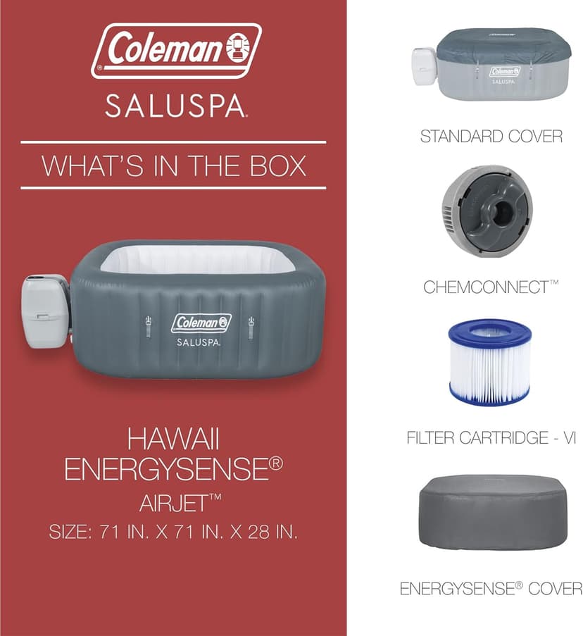 Coleman Hawaii AirJet Large Square 4 to 6 Person Inflatable Hot Tub Portable Outdoor Spa with 140 AirJets and EnergySense Cover, Grey