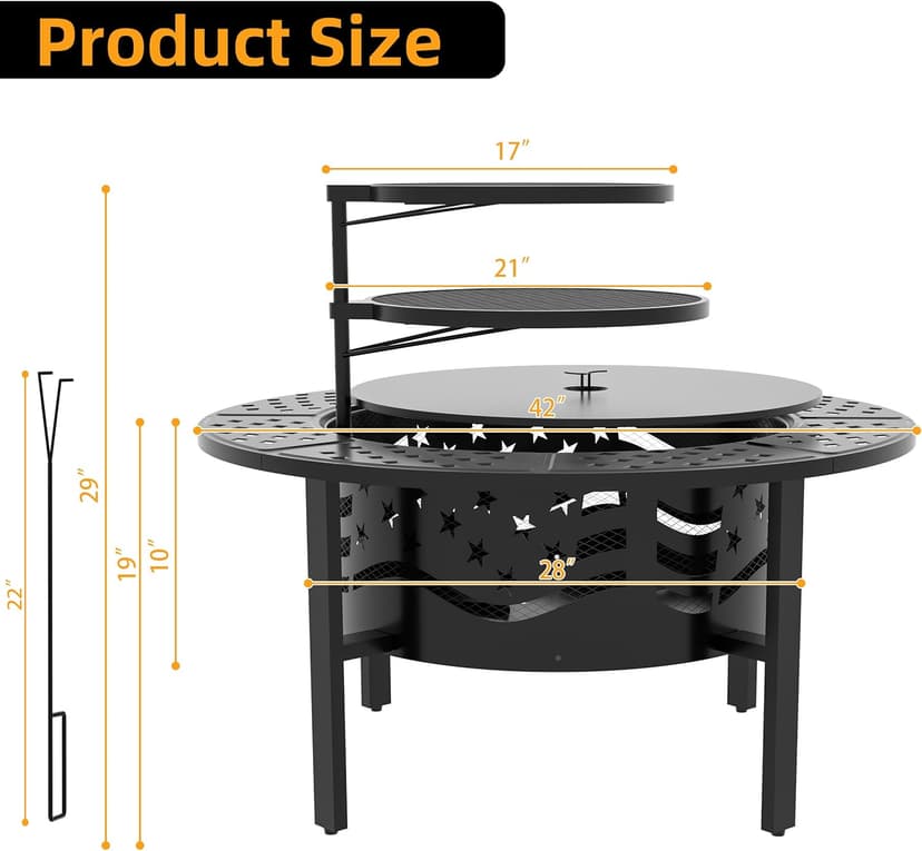 PrimeZone 42" Outdoor Fire Pit with 2 Grills - Wood Burning Firepit for Outside with Cover & Poker, Heavy Duty Metal Fire Pit Large Round Fireplace for Patio, Backyard, Picnic, Camping, Bonfire