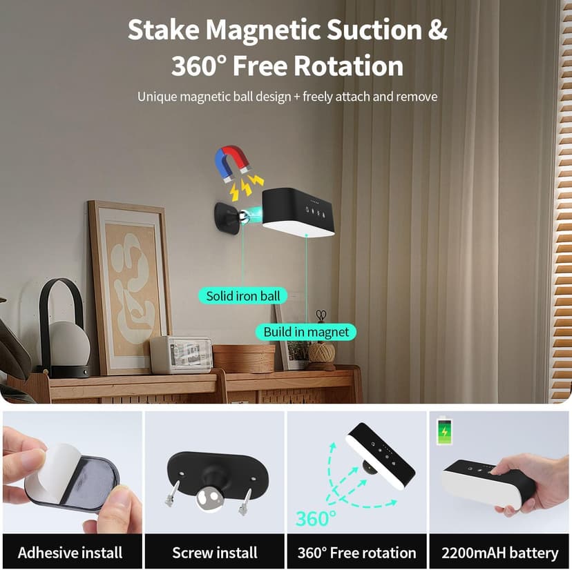 Wall Lights with Remote,Battery Operated Wall Sconce,3 Colors Temp & 9 RGB Ambient Sconce,Magnetic 360° Rotation Cordless Wall Mounted Lamps for Bedroom Bedside,Reading Bedside(Black)