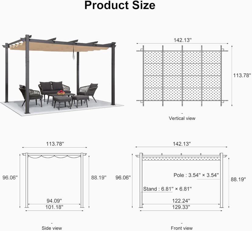 PURPLE LEAF 10' X 12' Outdoor Retractable Pergola with Sun Shade Canopy Patio Metal Shelter for Garden Porch Beach Pavilion Grill Gazebo Modern Yard Grape Trellis Pergola, Beige