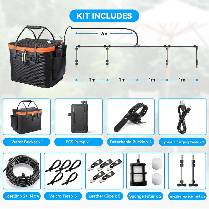 Ausic Portable Misting Systems, Outdoor Water Cooling Misters Set with 6000mAh Water Pump, 20L Bucket, 26FT (8M) Hose, 6*Nozzles, 10*Clips/Ties for Patio/Umbrella/Pasture/Greenhouse/Canopy/Camping