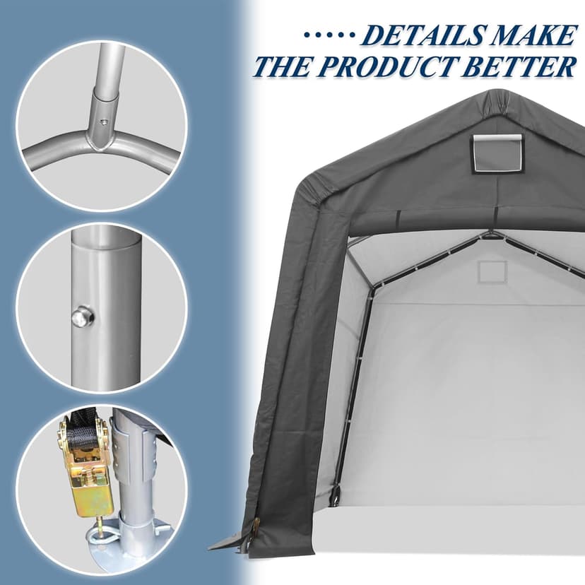 COVERONICS 10' x 10' Outdoor Storage Shed - Heavy Duty Portable Shelter Carport with Ventilation Windows and Roll-up Doors, Storage Shelter Tent for Motorcycle, Bike, Lawnmower and Garden Tools, Grey