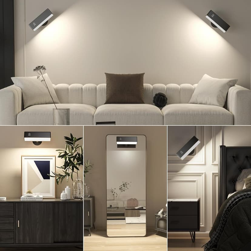 Honalia Adhesive Wall Lights for Bedroom 2 Pack, Rechargeable Wall Lights with Magnetic & Dimmable, 360 Rotation Cordless Wall Sconce, Peel and Stick Lights for Wall Bedside, Reading