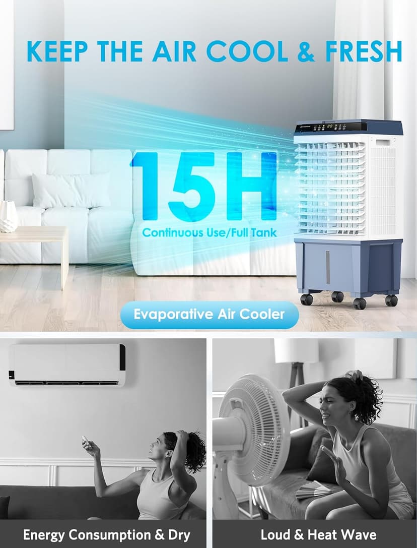 Air Choice Swamp Cooler, 1800 CFM Portable Evaporative Air Cooler with 6 Ice Box & 5.3 Gal Water Tank, 110° Swing, 3 Speeds, Upgraded Remote, 12H Timer, 3-in-1 Air Cooling Fan for Outdoor Indoor, Blue