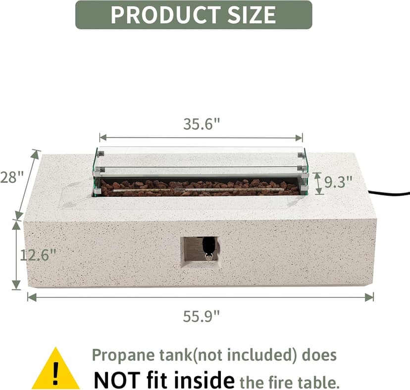 COSIEST Outdoor Propane Fire Pit Table 56" x 28" Rectangle Beige Compact Concrete-Like Finish, CSA Certified, 50,000 BTU,Wind Guard, Tank Outside, Free Lava Rocks, Fits 20lb Tank Outside, Raincover