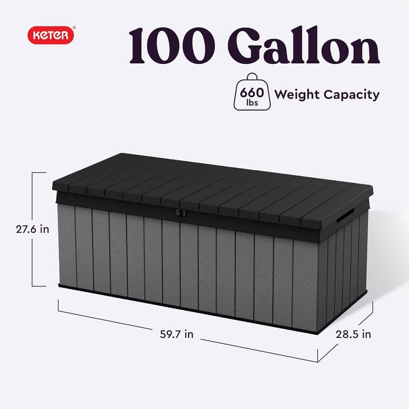 Keter Darwin 100 Gallon Resin Large Deck Box Organization and Storage for Patio Furniture, Outdoor Cushions, Garden Tools, Grey & Black