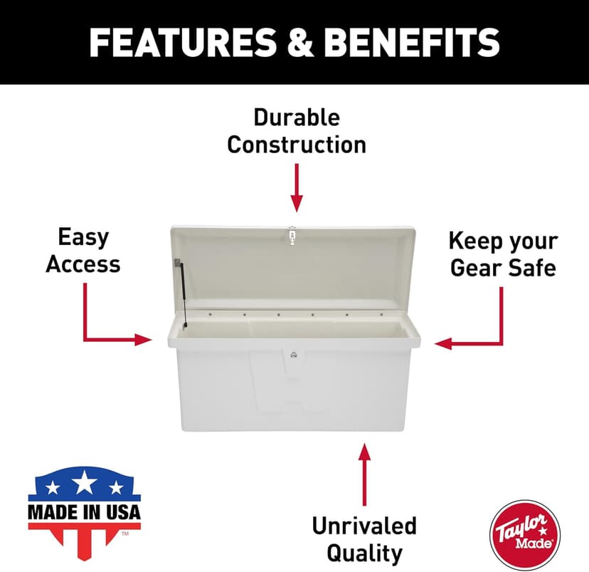 Taylor Made Stow 'N Go Small Fiberglass Dock Box, White (24"H x 54"W x 22"D) – Fiberglass construction, UV gelcoat finish, stainless steel lockable latch and hardware – 2020108652