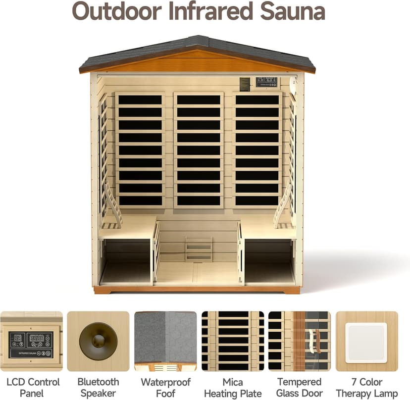 Real Relax Outdoor Infrared Sauna 4 Person for Home, Low EMF Far Infrared Sauna Spruce Wood Sauna with 10min Rapid preheating, Bluetooth, LCD Panel