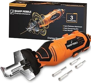 Sharp Pebble Electric Chainsaw Sharpener Kit - Comes with Chain Saw Sharpener Tool, 4 File Size Diamond Sharpening Wheels, Angle Attachment, Wrench & eBook.