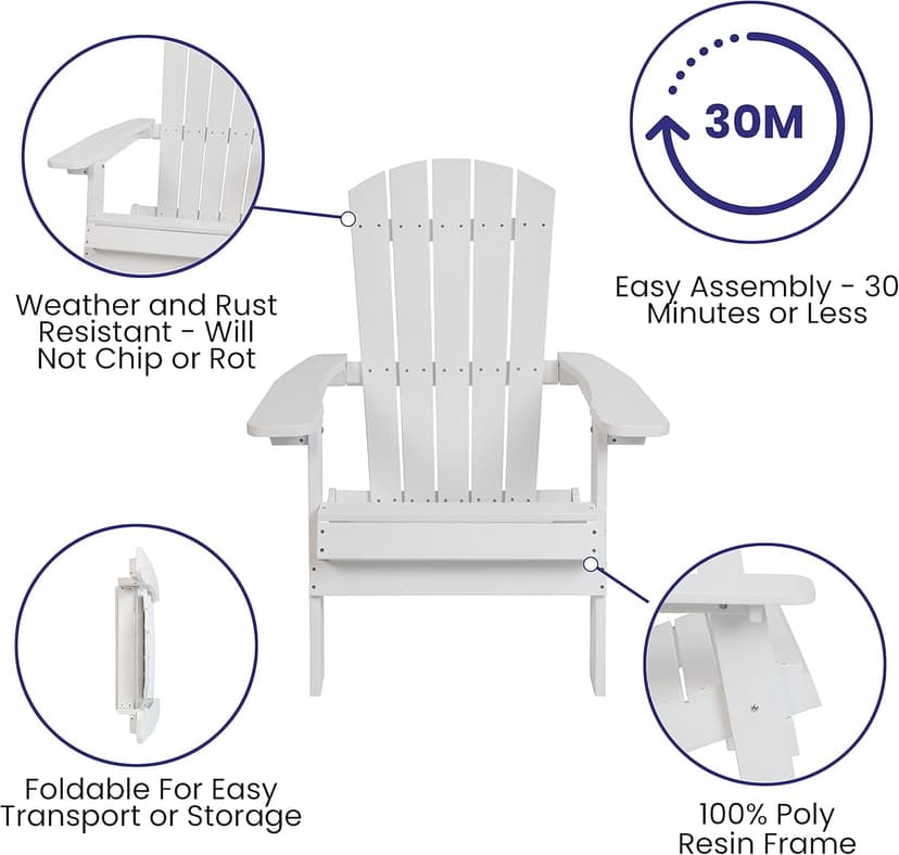 Flash Furniture Charlestown Commercial Folding Adirondack Chair - White - Poly Resin - Indoor/Outdoor - Weather Resistant