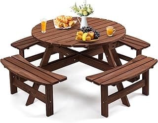 8 Person Wood Picnic Table, Round Tabletop with Umbrella Hole, 4 Built-in Curved Benches, 2220LBS Total Capacity for Patios, Backyard, Brown