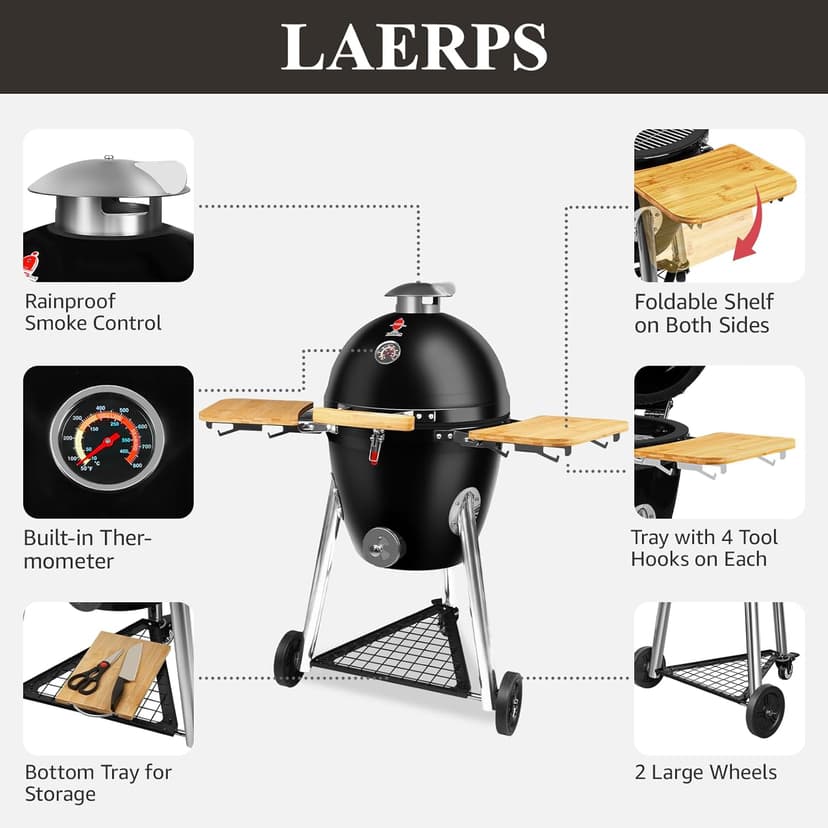 Large Kamado Charcoal Grill, Charcoal Grill with Smoker and Locking Lid, Kamado Charcoal Grill with Side Tray, Easy to Move and Clean, 18 Inches Large Charcoal Grills for Outdoor Cooking