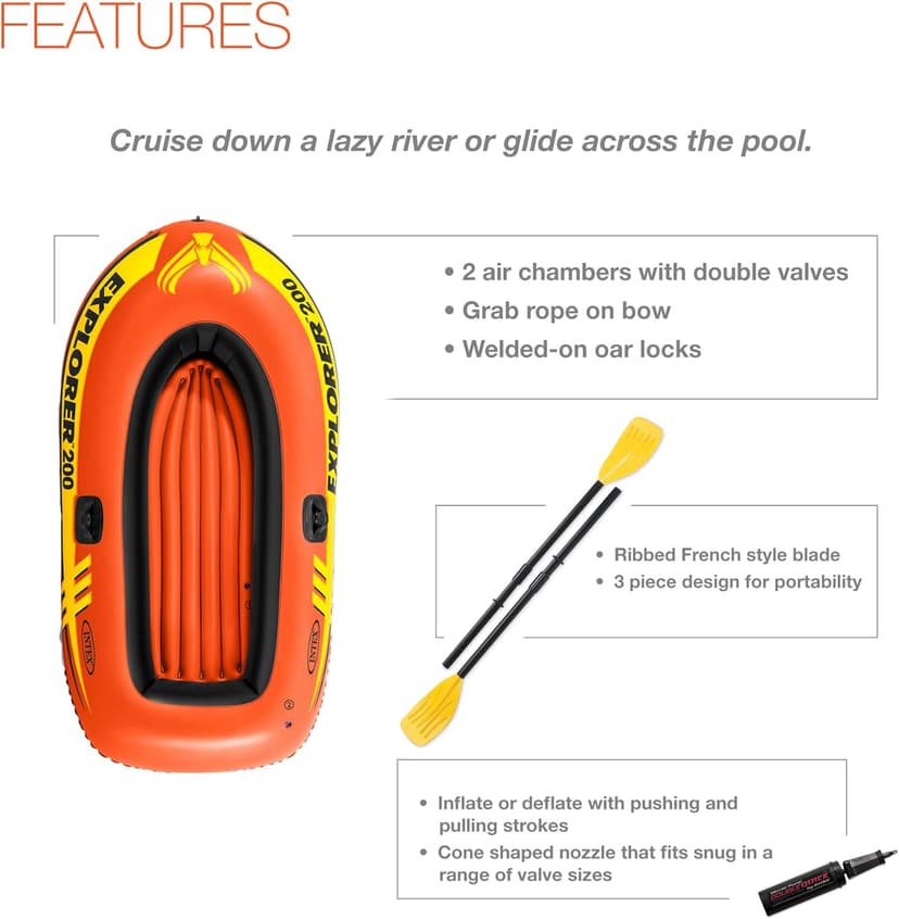 INTEX Explorer Inflatable Boat Series: Dual Air Chambers – Welded Oar Locks – Grab Handles – Bow Rope – Sporty Design